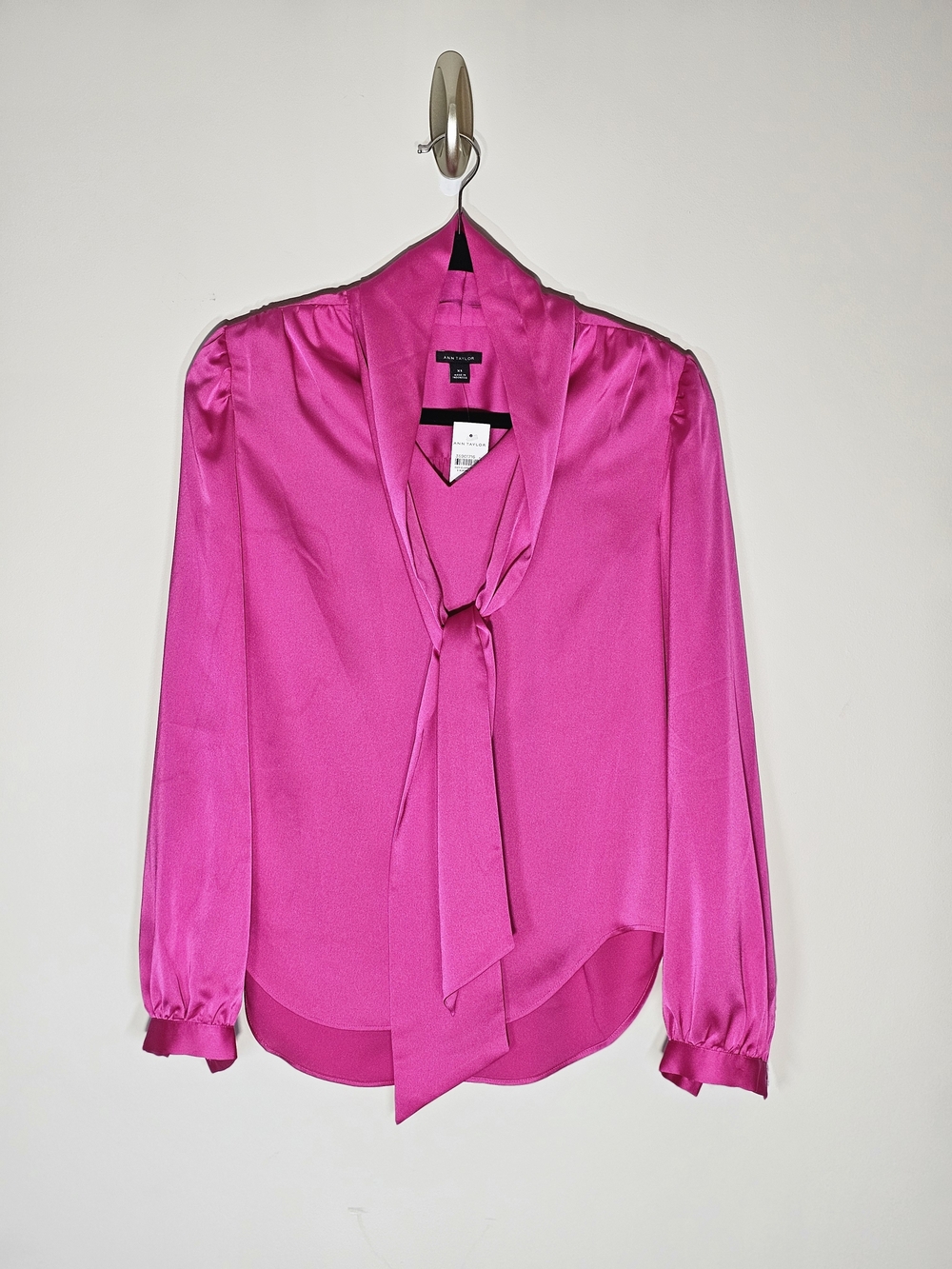 Ann Taylor Fuchsia Tie-Neck Satin Blouse